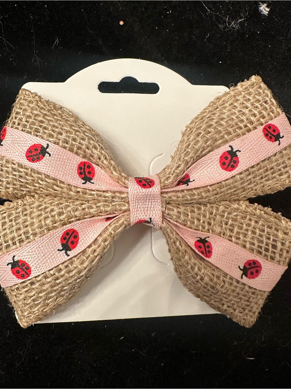 Kids Burlap Hair Bow with Pink Ladybug Ribbon